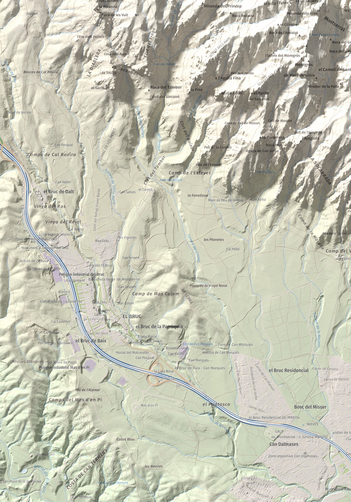 Mapa de relieve de Sant Jeroni, 1236 m, Anoia · Bages, lámina 100 Cims de Trobart. Detalle de la zona inferior izquierda. 70 × 100 cm.