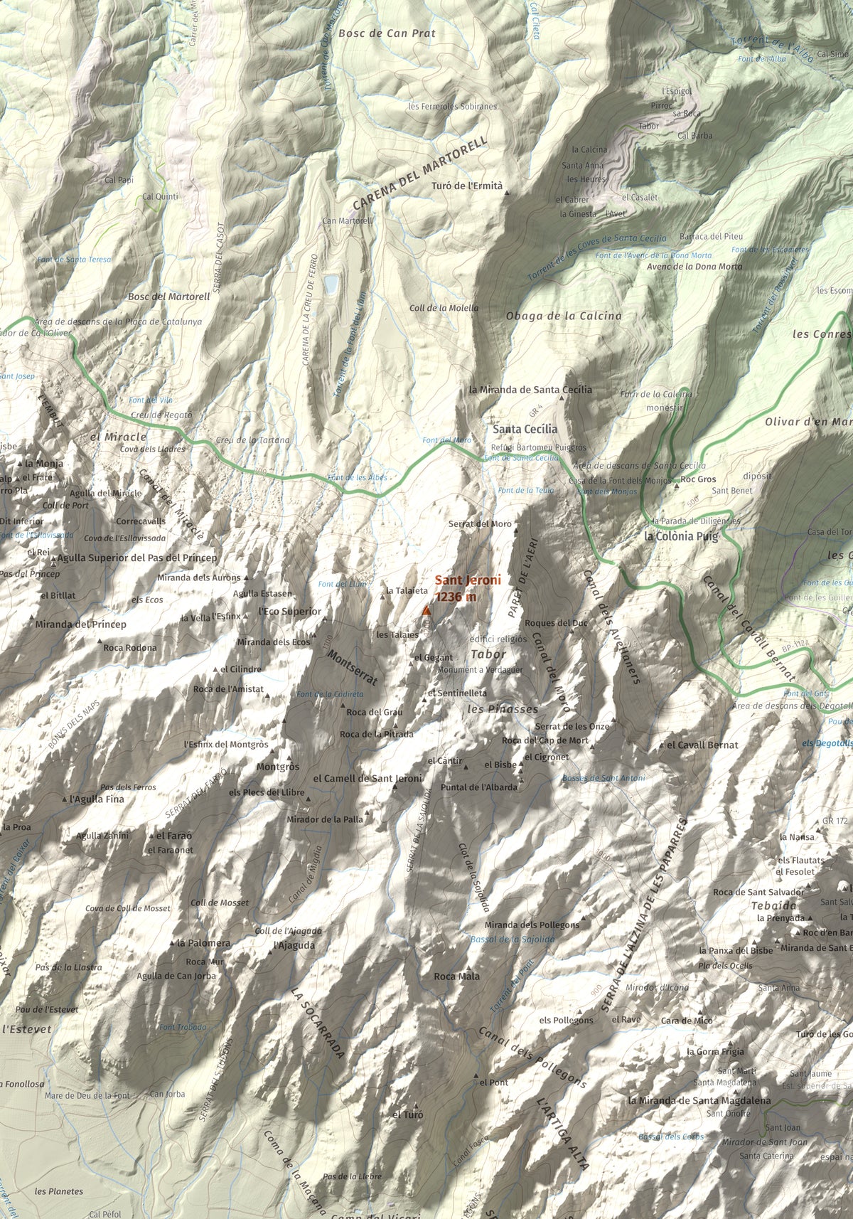 Mapa de relieve de Sant Jeroni, 1236 m, Anoia · Bages, lámina 100 Cims de Trobart. Detalle de la zona central. 70 × 100 cm.