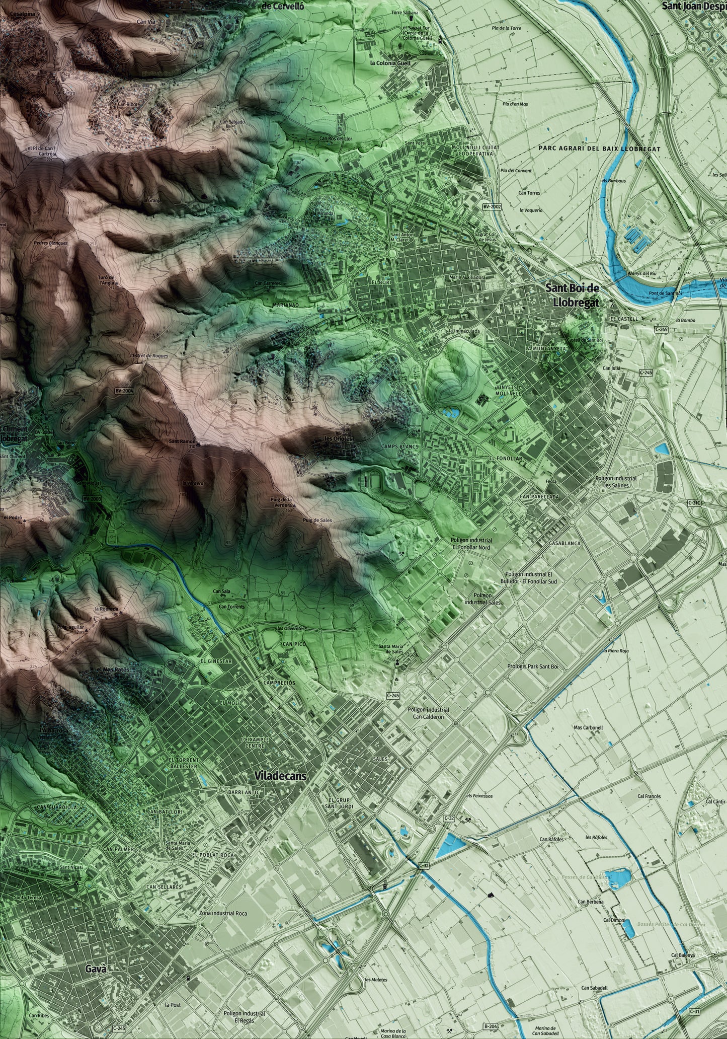 Mapa artístico del relieve de Sant Joan Despí, al Baix Llobregat, con 15 km de entorno y base topográfica ICGC. Detalle de la zona inferior izquierda.
