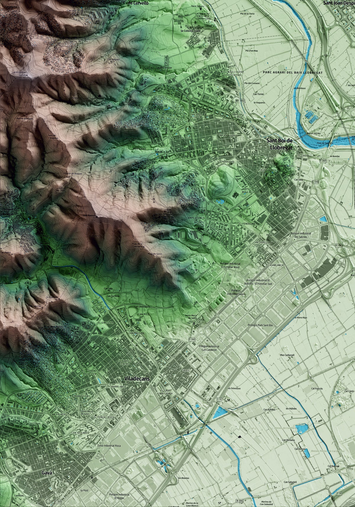 Mapa artístico del relieve de Sant Joan Despí, al Baix Llobregat, con 15 km de entorno y base topográfica ICGC. Detalle de la zona inferior izquierda.