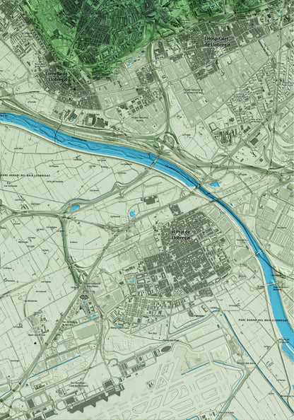 Mapa artístico del relieve de Sant Joan Despí, al Baix Llobregat, con 15 km de entorno y base topográfica ICGC. Detalle de la zona inferior derecha.