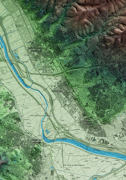 Mapa artístico del relieve de Sant Joan Despí, al Baix Llobregat, con 15 km de entorno y base topográfica ICGC. Detalle de la zona central.