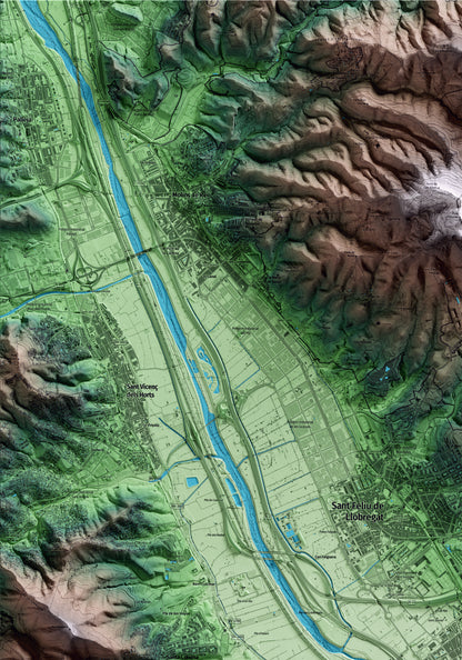 Mapa artístico del relieve de Sant Joan Despí, al Baix Llobregat, con 15 km de entorno y base topográfica ICGC. Detalle de la zona superior izquierda.