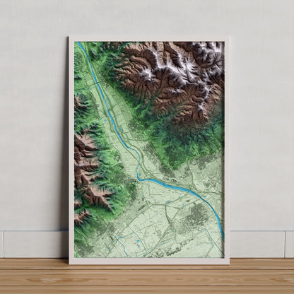 Mapa artístico del relieve de Sant Joan Despí, al Baix Llobregat, con 15 km de entorno y base topográfica ICGC. Presentación enmarcada.