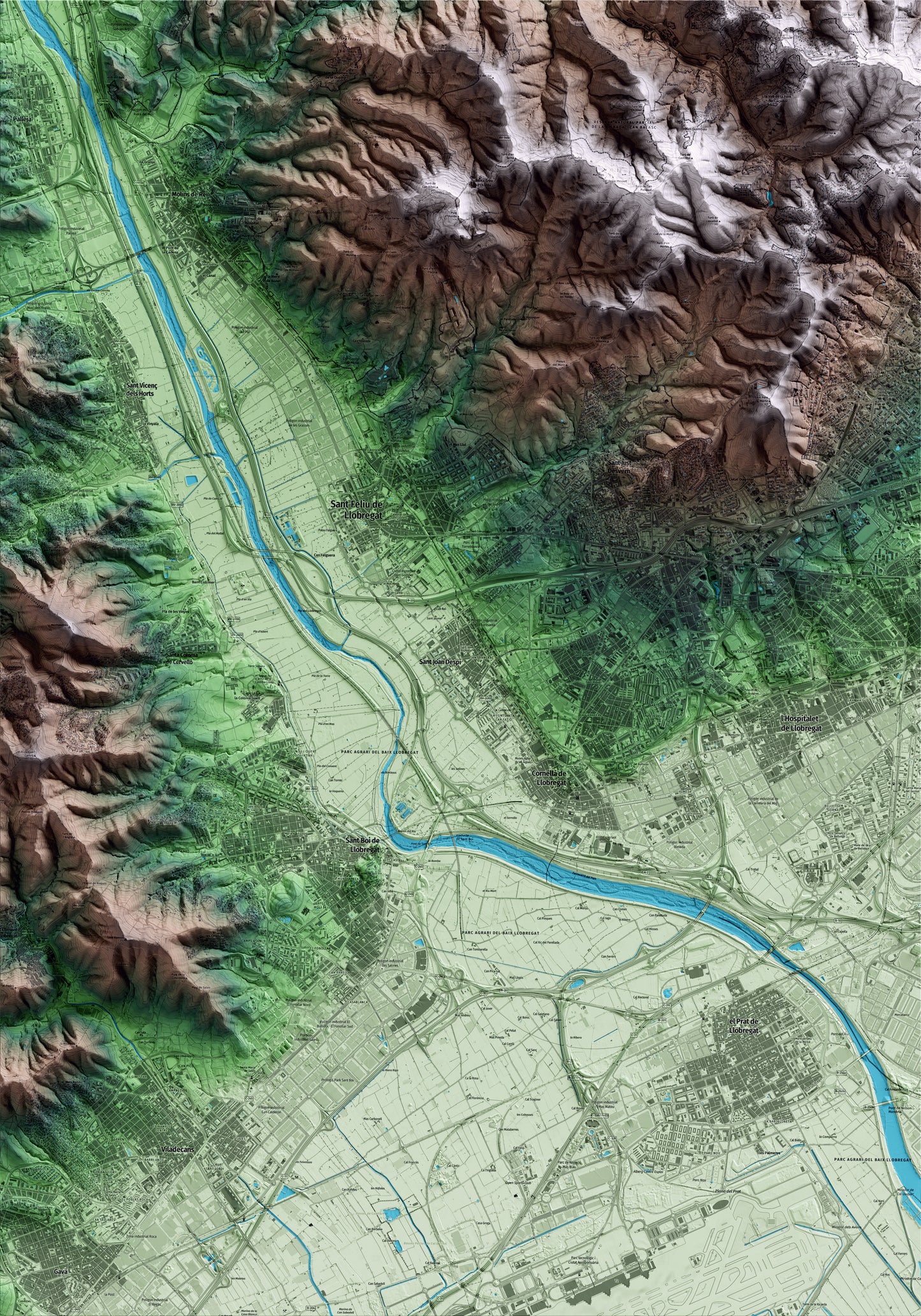 Mapa artístico del relieve de Sant Joan Despí, al Baix Llobregat, con 15 km de entorno y base topográfica ICGC
