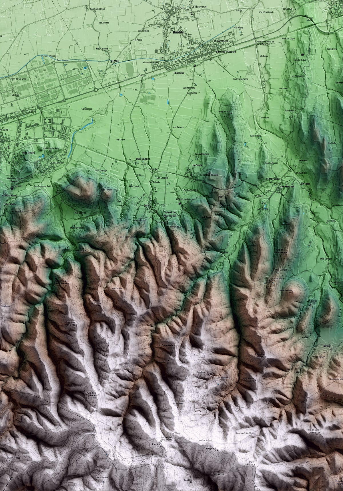 Mapa artístico del relieve de Sant Joan de Mollet, al Gironès, con 15 km de entorno y base topográfica ICGC. Detalle de la zona inferior izquierda.