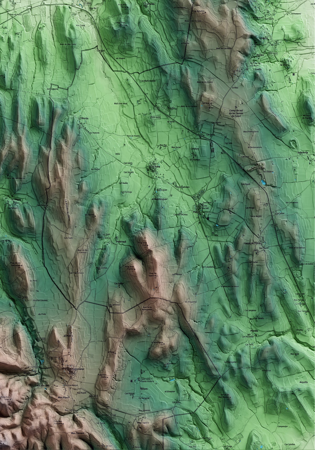 Mapa artístico del relieve de Sant Joan de Mollet, al Gironès, con 15 km de entorno y base topográfica ICGC. Detalle de la zona inferior derecha.