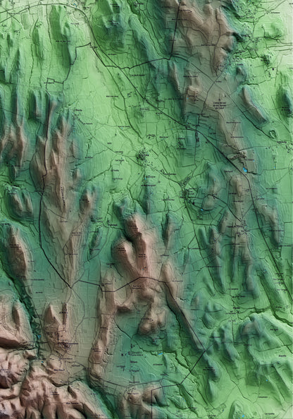 Mapa artístico del relieve de Sant Joan de Mollet, al Gironès, con 15 km de entorno y base topográfica ICGC. Detalle de la zona inferior derecha.