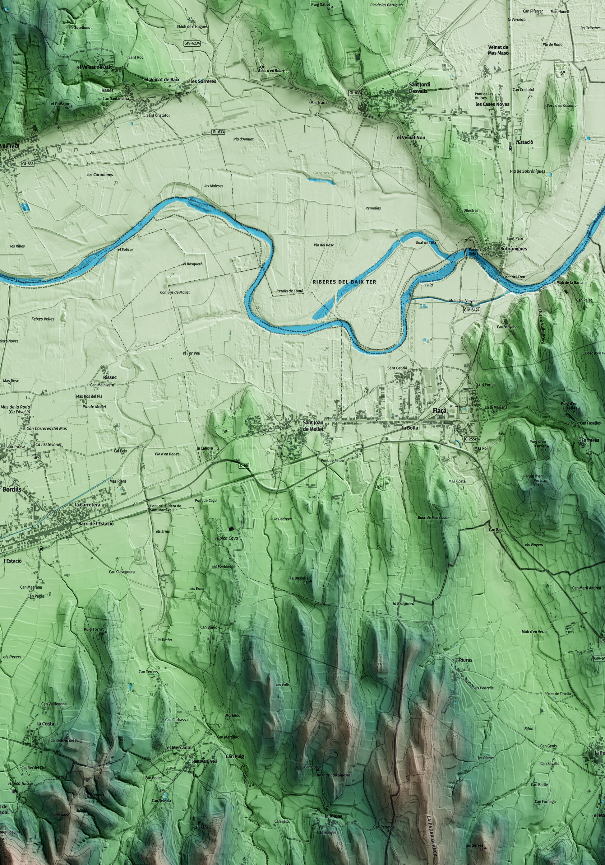 Mapa artístico del relieve de Sant Joan de Mollet, al Gironès, con 15 km de entorno y base topográfica ICGC. Detalle de la zona central.