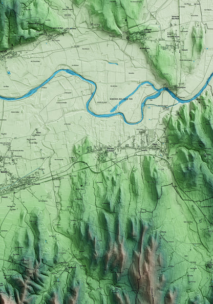Mapa artístico del relieve de Sant Joan de Mollet, al Gironès, con 15 km de entorno y base topográfica ICGC. Detalle de la zona central.