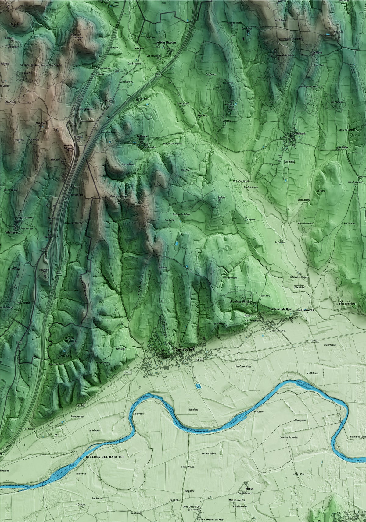 Mapa artístico del relieve de Sant Joan de Mollet, al Gironès, con 15 km de entorno y base topográfica ICGC. Detalle de la zona superior izquierda.