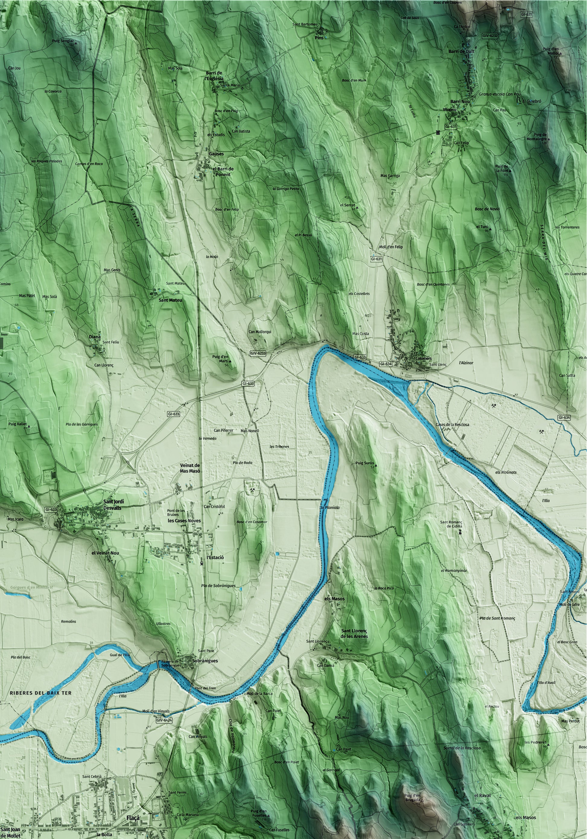 Mapa artístico del relieve de Sant Joan de Mollet, al Gironès, con 15 km de entorno y base topográfica ICGC. Detalle de la zona superior derecha.