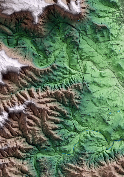 Mapa artístico del relieve de Sant Joan de Vilatorrada, al Bages, con 15 km de entorno y base topográfica ICGC. Detalle de la zona inferior izquierda.
