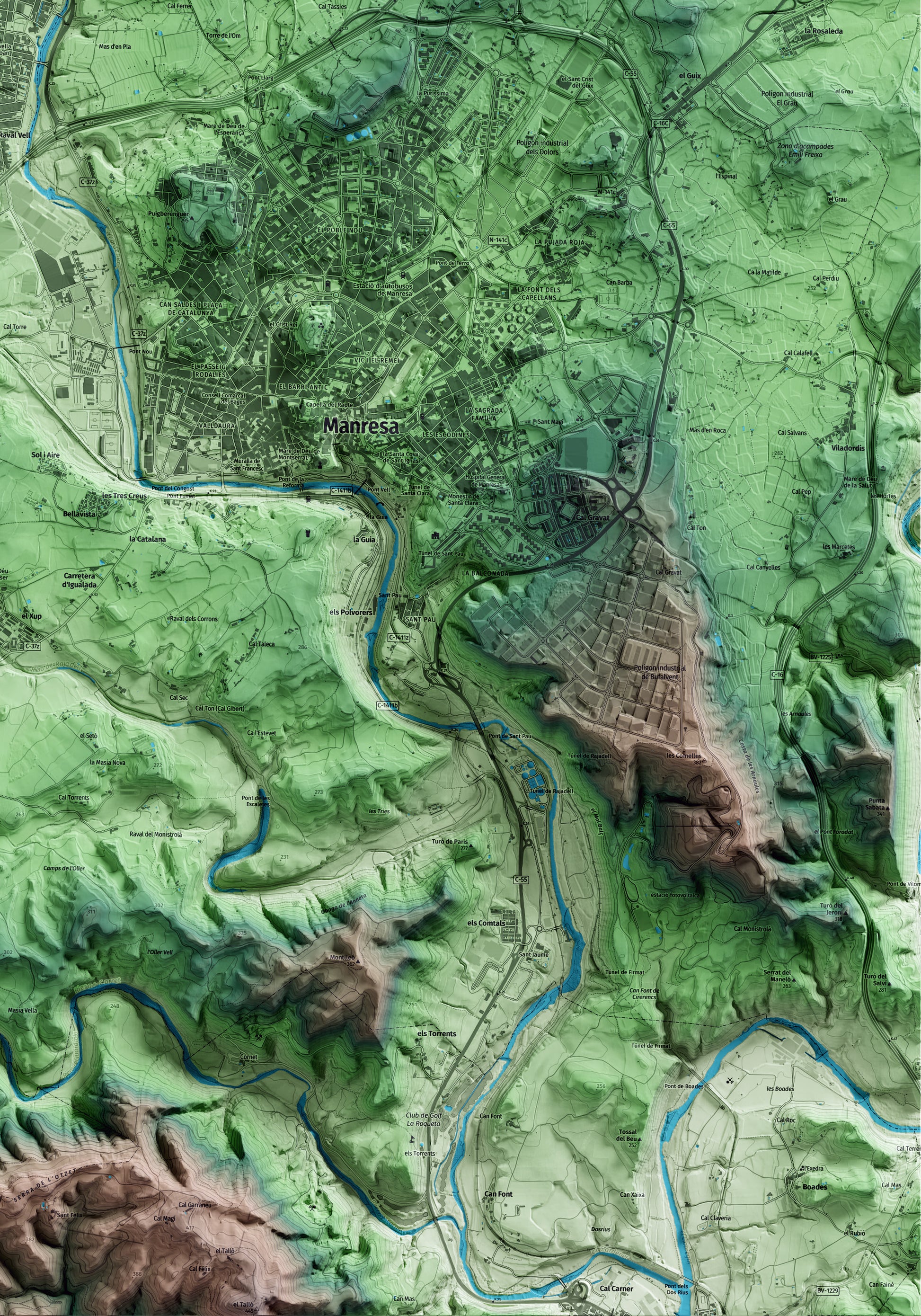 Mapa artístico del relieve de Sant Joan de Vilatorrada, al Bages, con 15 km de entorno y base topográfica ICGC. Detalle de la zona inferior derecha.