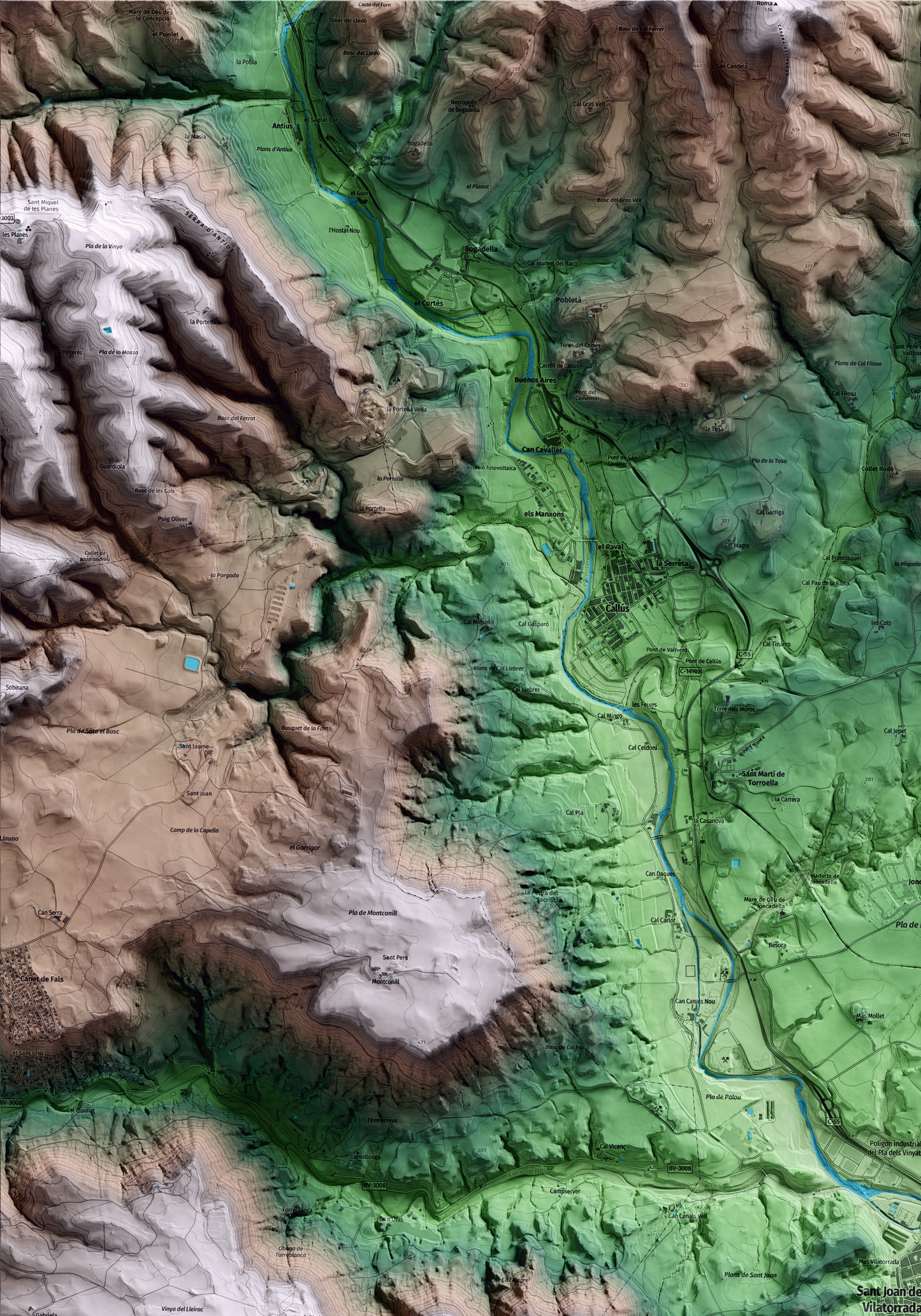 Mapa artístico del relieve de Sant Joan de Vilatorrada, al Bages, con 15 km de entorno y base topográfica ICGC. Detalle de la zona superior izquierda.