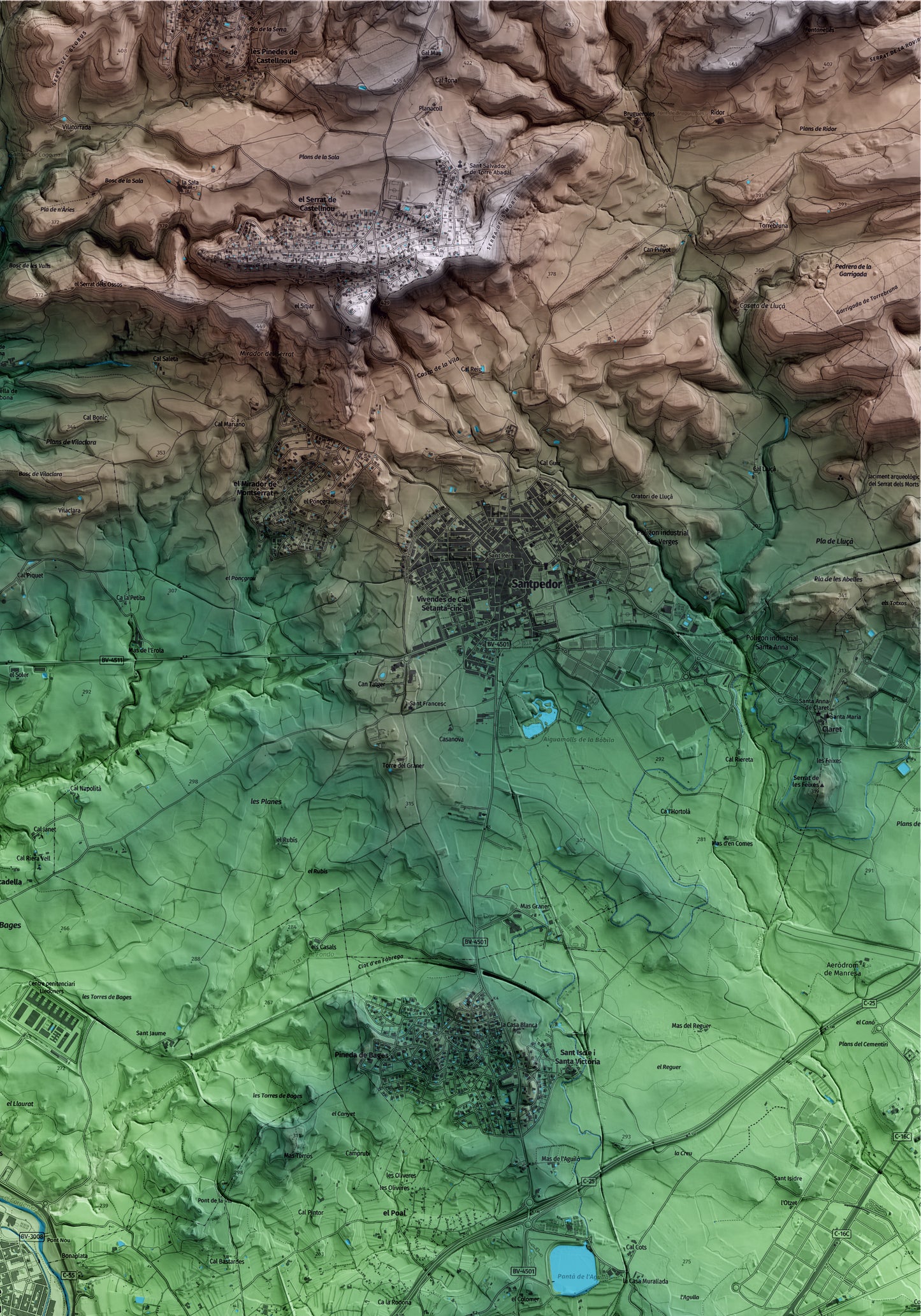 Mapa artístico del relieve de Sant Joan de Vilatorrada, al Bages, con 15 km de entorno y base topográfica ICGC. Detalle de la zona superior derecha.