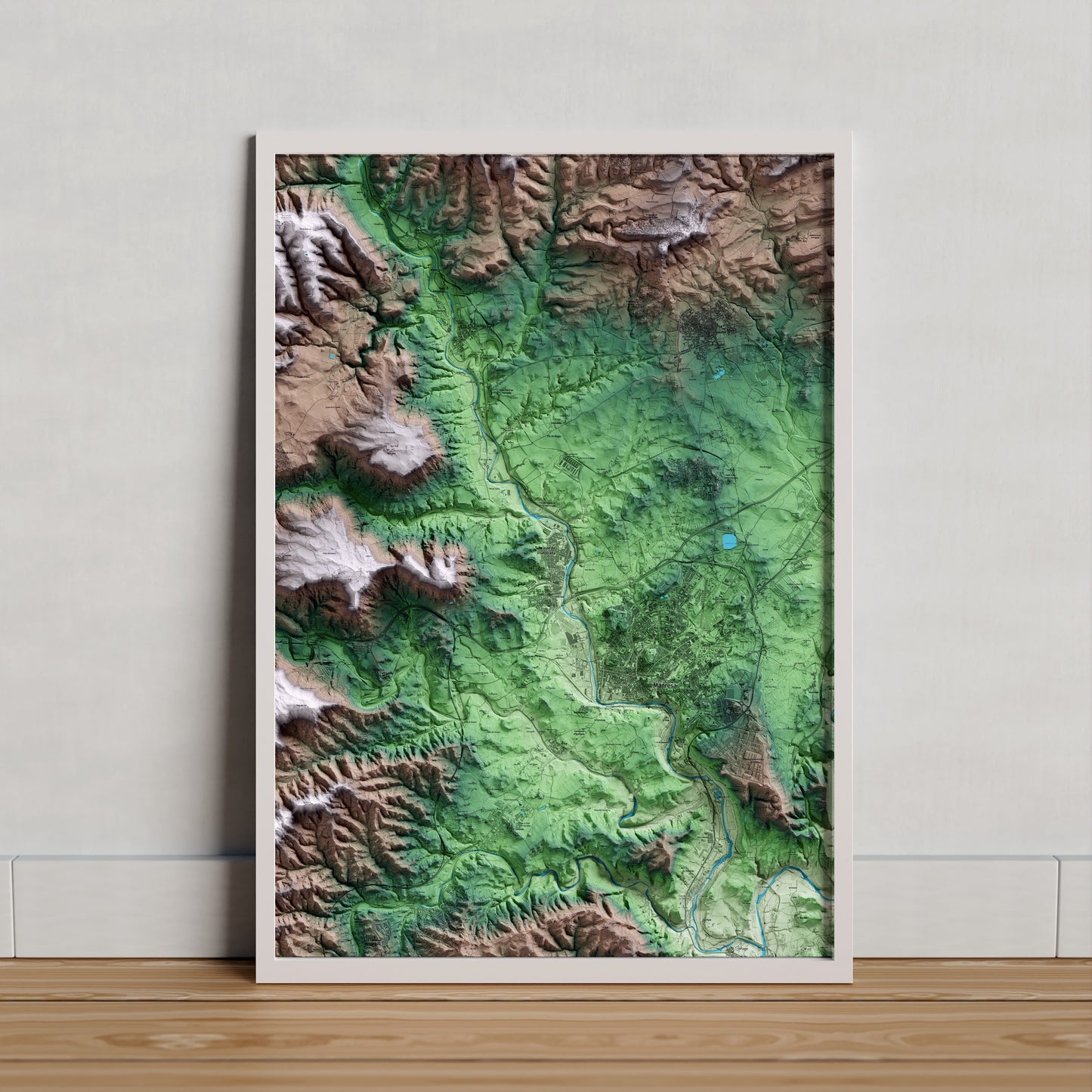 Mapa artístico del relieve de Sant Joan de Vilatorrada, al Bages, con 15 km de entorno y base topográfica ICGC. Presentación enmarcada.