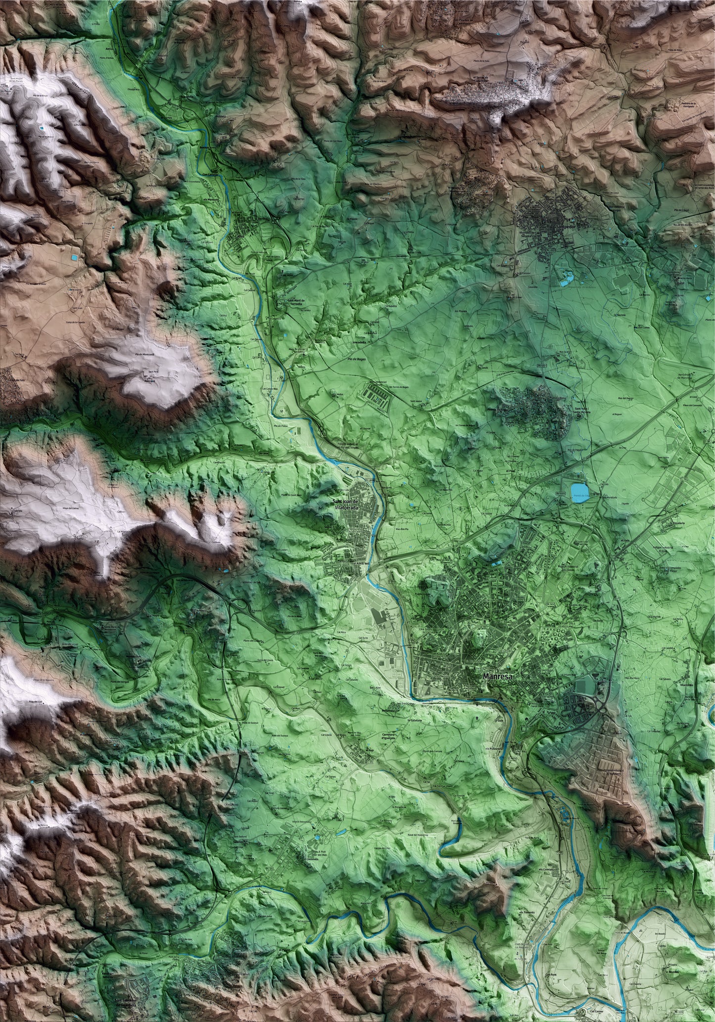 Mapa artístico del relieve de Sant Joan de Vilatorrada, al Bages, con 15 km de entorno y base topográfica ICGC