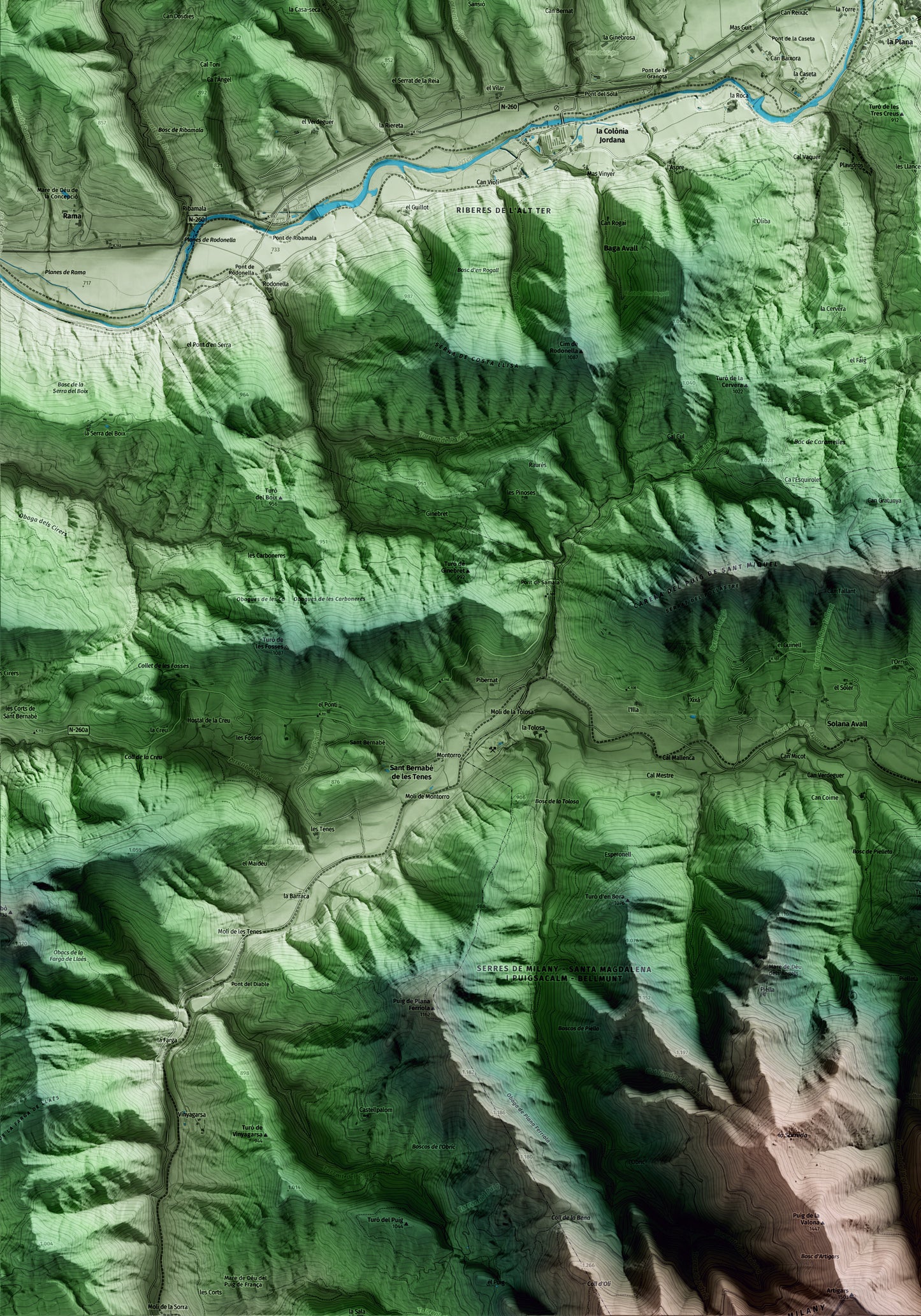 Mapa artístico del relieve de Sant Joan de les Abadesses, al Ripollès, con 15 km de entorno y base topográfica ICGC. Detalle de la zona inferior izquierda.