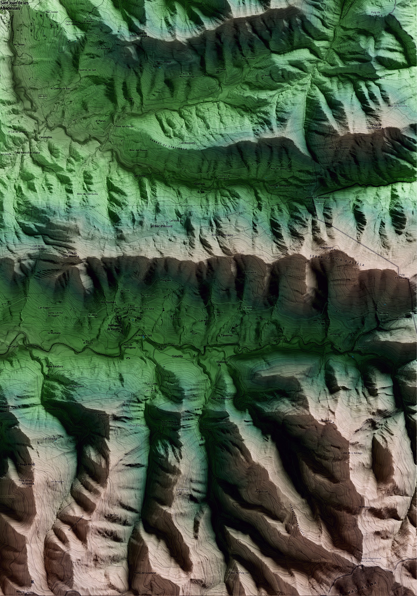 Mapa artístico del relieve de Sant Joan de les Abadesses, al Ripollès, con 15 km de entorno y base topográfica ICGC. Detalle de la zona inferior derecha.