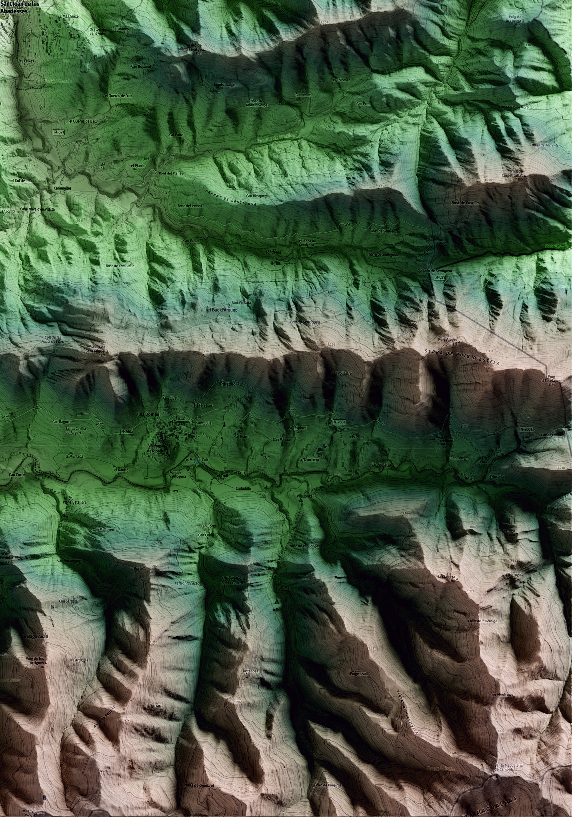 Mapa artístico del relieve de Sant Joan de les Abadesses, al Ripollès, con 15 km de entorno y base topográfica ICGC. Detalle de la zona inferior derecha.
