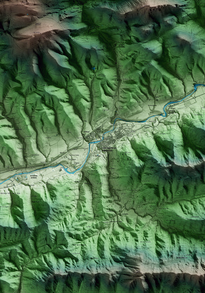 Mapa artístico del relieve de Sant Joan de les Abadesses, al Ripollès, con 15 km de entorno y base topográfica ICGC. Detalle de la zona central.