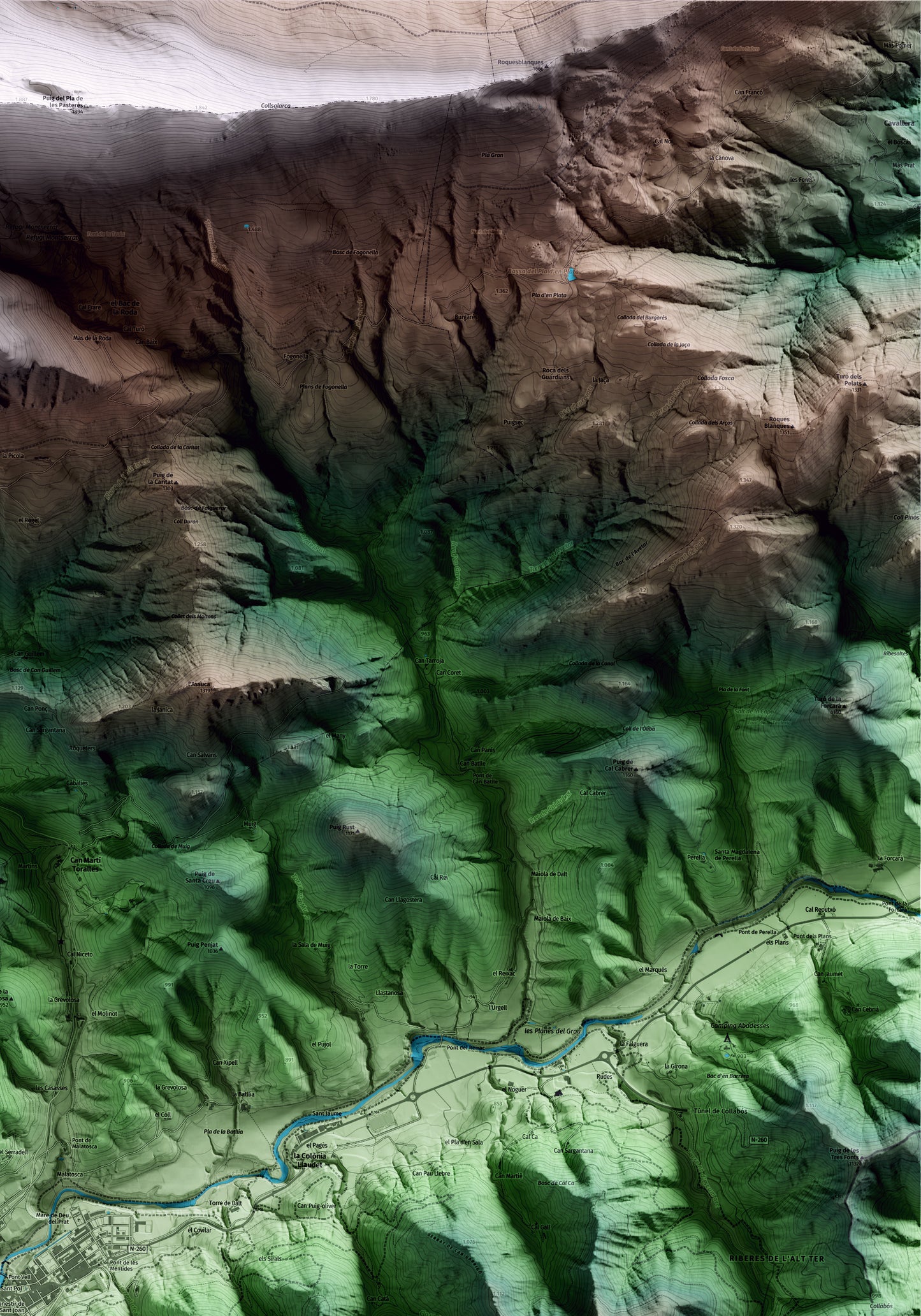 Mapa artístico del relieve de Sant Joan de les Abadesses, al Ripollès, con 15 km de entorno y base topográfica ICGC. Detalle de la zona superior derecha.