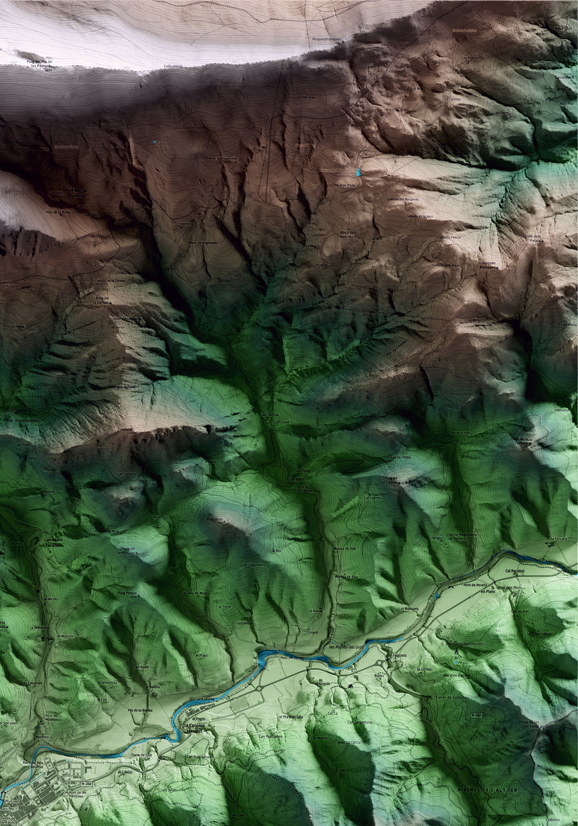 Mapa artístico del relieve de Sant Joan de les Abadesses, al Ripollès, con 15 km de entorno y base topográfica ICGC. Detalle de la zona superior derecha.