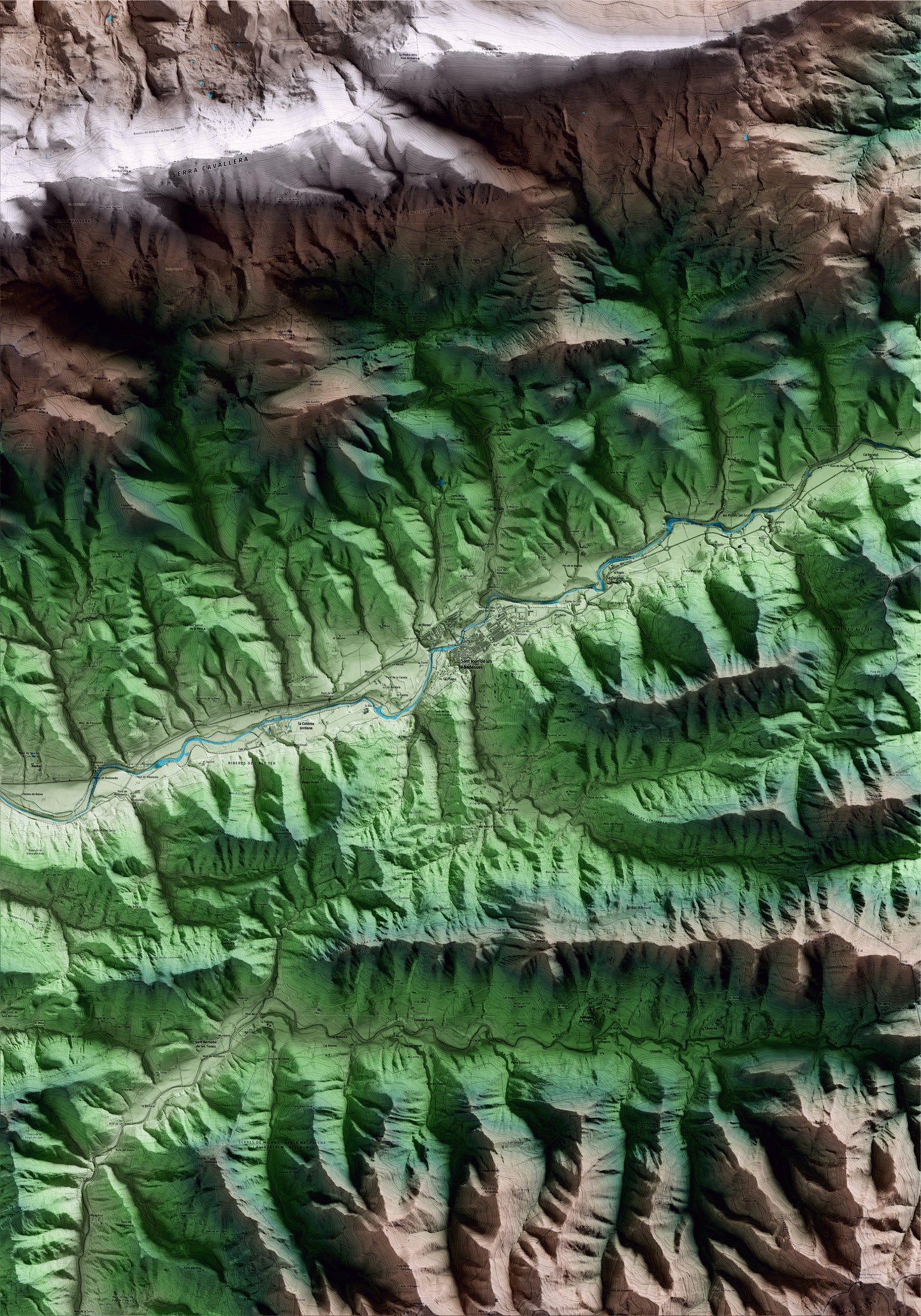 Mapa artístico del relieve de Sant Joan de les Abadesses, al Ripollès, con 15 km de entorno y base topográfica ICGC