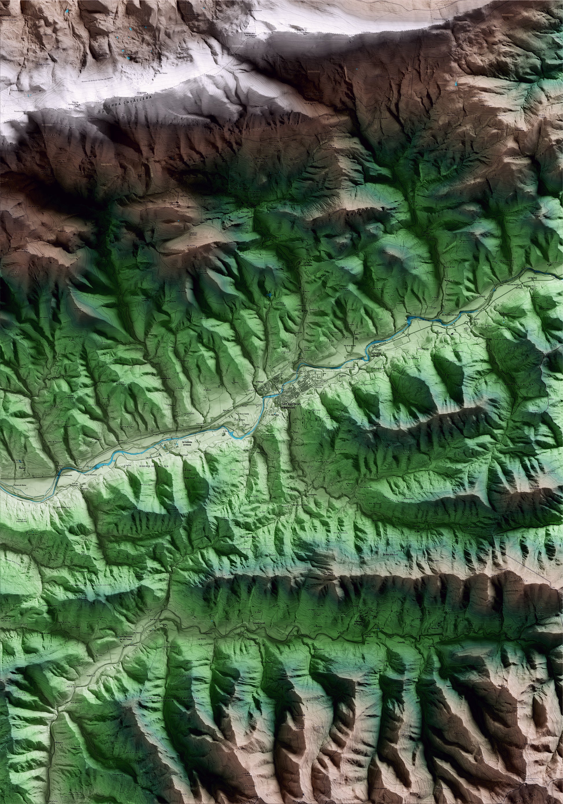 Mapa artístico del relieve de Sant Joan de les Abadesses, al Ripollès, con 15 km de entorno y base topográfica ICGC