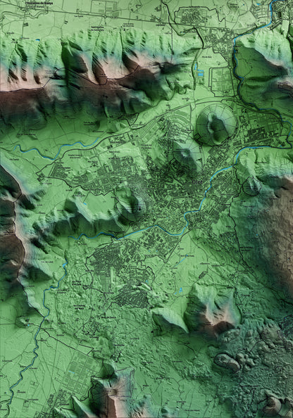 Mapa artístico del relieve de Sant Joan les Fonts, a la Garrotxa, con 15 km de entorno y base topográfica ICGC. Detalle de la zona inferior izquierda.