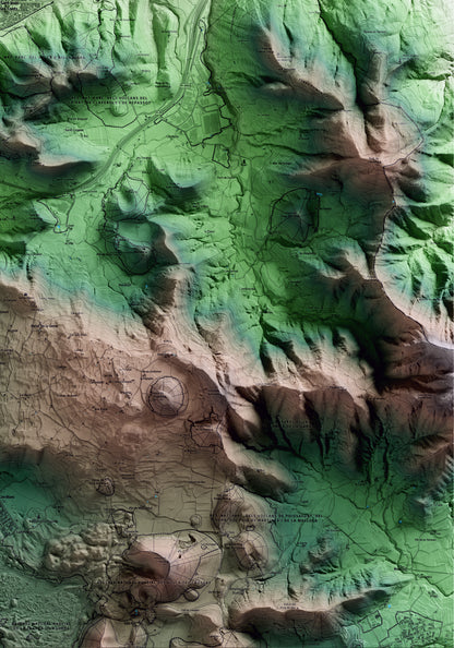 Mapa artístico del relieve de Sant Joan les Fonts, a la Garrotxa, con 15 km de entorno y base topográfica ICGC. Detalle de la zona inferior derecha.