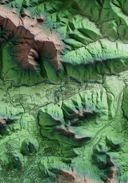 Mapa artístico del relieve de Sant Joan les Fonts, a la Garrotxa, con 15 km de entorno y base topográfica ICGC. Detalle de la zona central.
