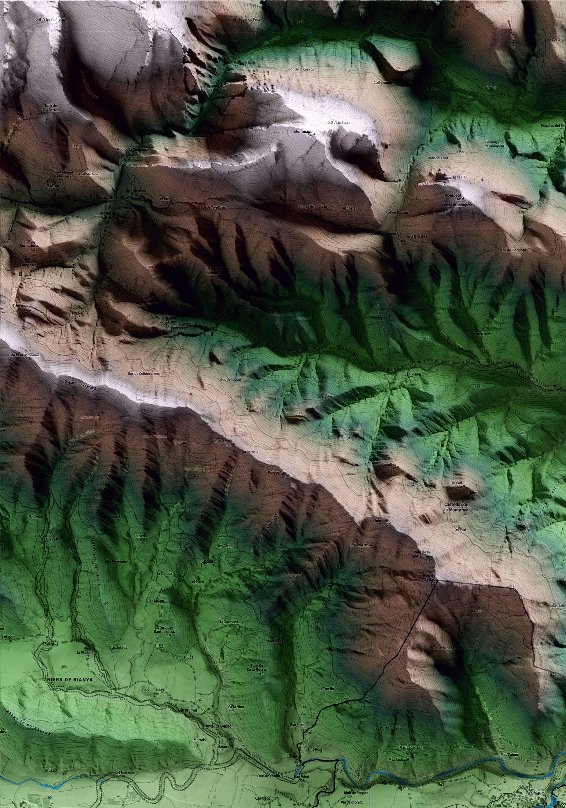 Mapa artístico del relieve de Sant Joan les Fonts, a la Garrotxa, con 15 km de entorno y base topográfica ICGC. Detalle de la zona superior izquierda.
