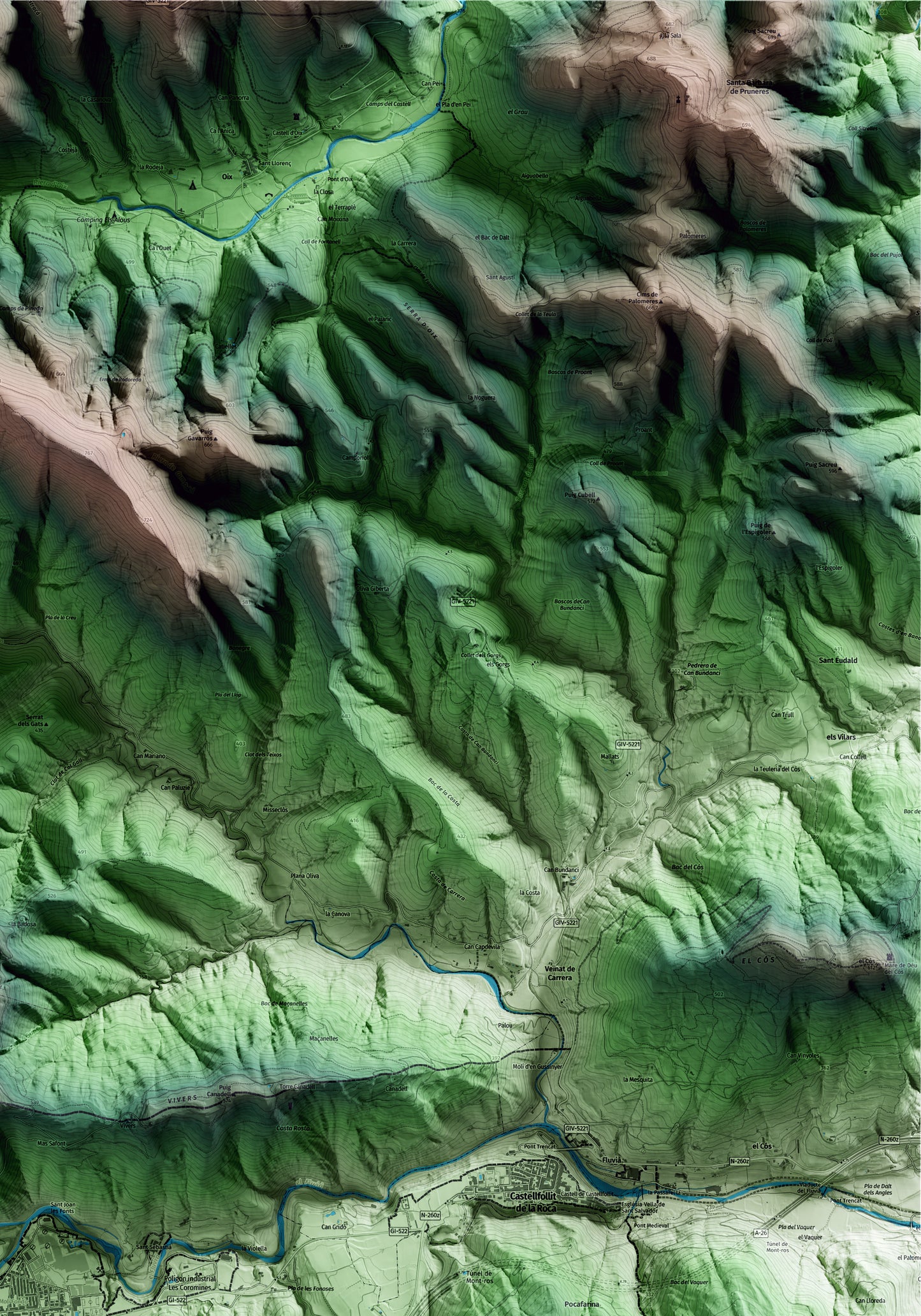 Mapa artístico del relieve de Sant Joan les Fonts, a la Garrotxa, con 15 km de entorno y base topográfica ICGC. Detalle de la zona superior derecha.