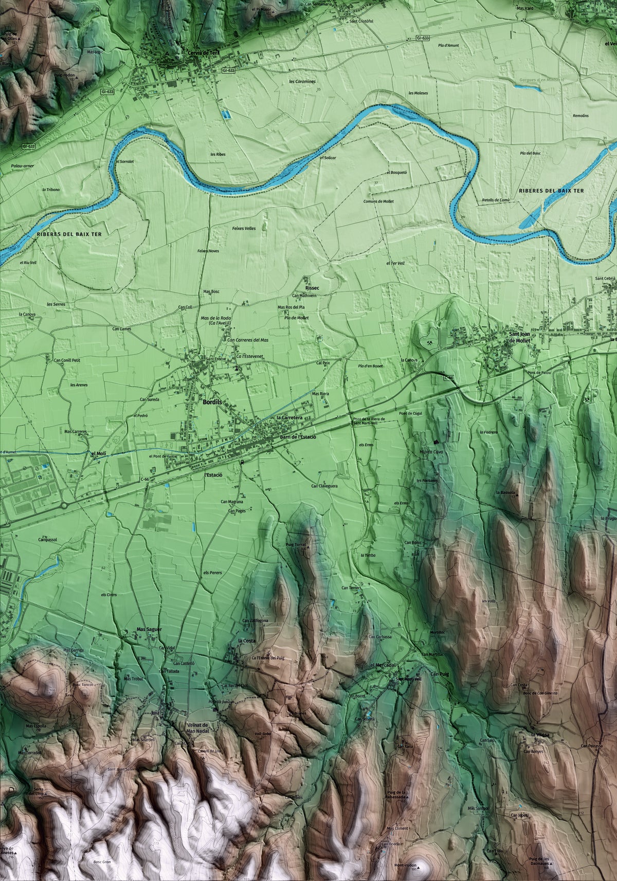 Mapa artístico del relieve de Sant Jordi Desvalls, al Gironès, con 15 km de entorno y base topográfica ICGC. Detalle de la zona inferior izquierda.