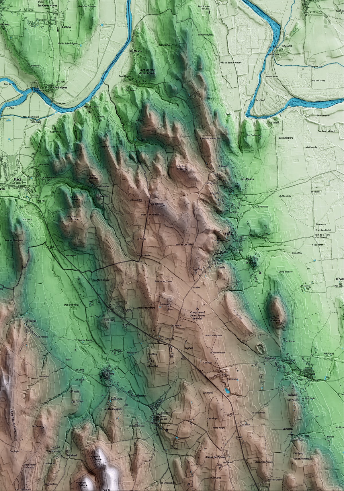 Mapa artístico del relieve de Sant Jordi Desvalls, al Gironès, con 15 km de entorno y base topográfica ICGC. Detalle de la zona inferior derecha.