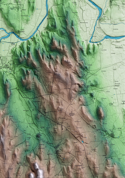 Mapa artístico del relieve de Sant Jordi Desvalls, al Gironès, con 15 km de entorno y base topográfica ICGC. Detalle de la zona inferior derecha.