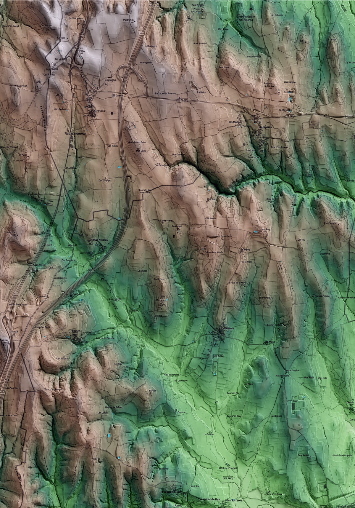Mapa artístico del relieve de Sant Jordi Desvalls, al Gironès, con 15 km de entorno y base topográfica ICGC. Detalle de la zona superior izquierda.