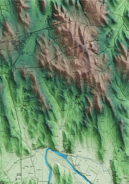 Mapa artístico del relieve de Sant Jordi Desvalls, al Gironès, con 15 km de entorno y base topográfica ICGC. Detalle de la zona superior derecha.