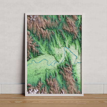 Mapa artístico del relieve de Sant Jordi Desvalls, al Gironès, con 15 km de entorno y base topográfica ICGC. Presentación enmarcada.
