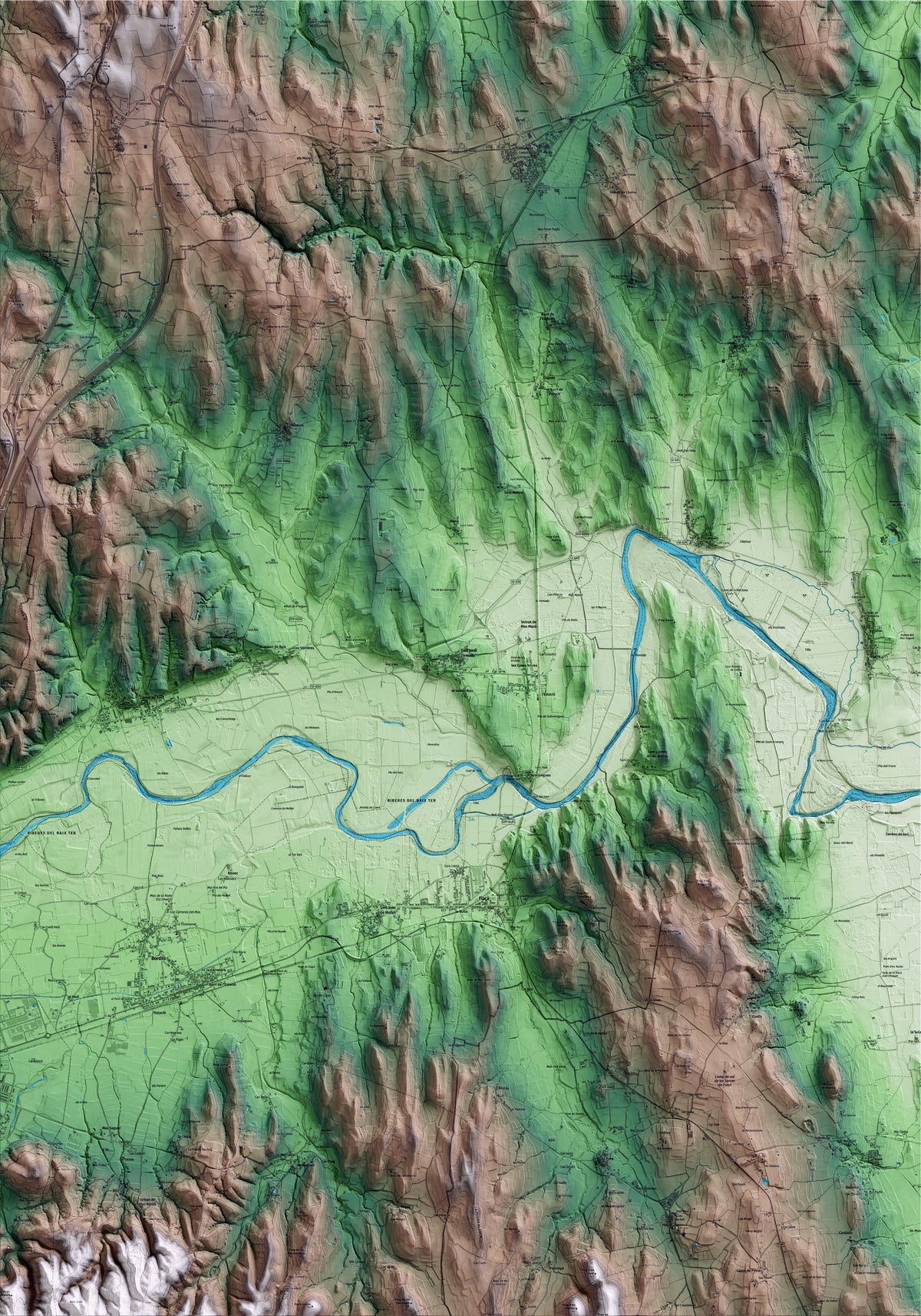 Mapa artístico del relieve de Sant Jordi Desvalls, al Gironès, con 15 km de entorno y base topográfica ICGC