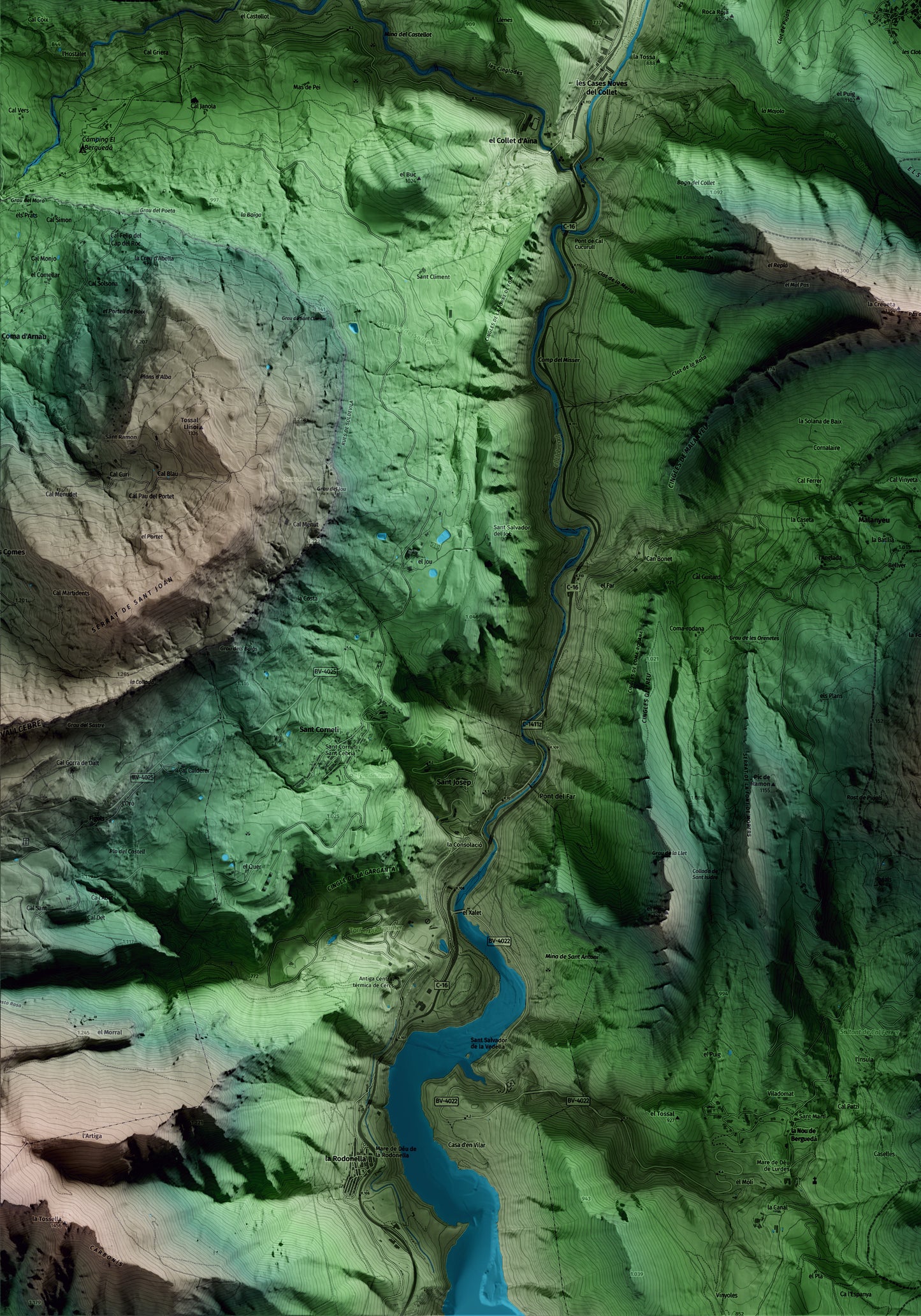 Mapa artístico del relieve de Sant Julià de Cerdanyola, al Berguedà, con 15 km de entorno y base topográfica ICGC. Detalle de la zona inferior izquierda.