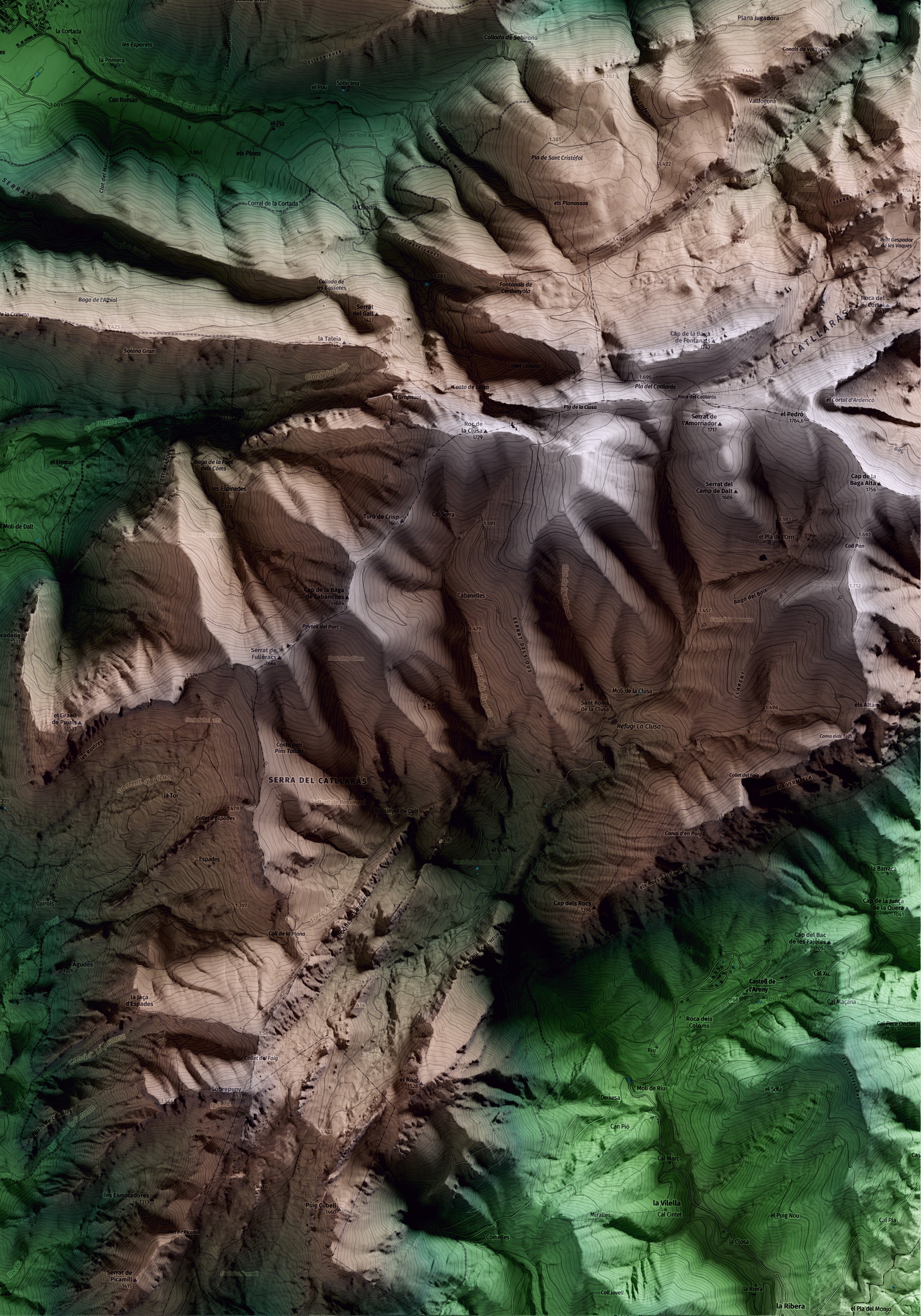 Mapa artístico del relieve de Sant Julià de Cerdanyola, al Berguedà, con 15 km de entorno y base topográfica ICGC. Detalle de la zona inferior derecha.