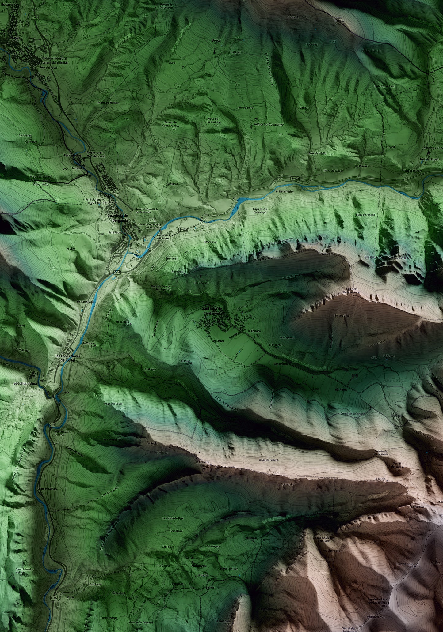 Mapa artístico del relieve de Sant Julià de Cerdanyola, al Berguedà, con 15 km de entorno y base topográfica ICGC. Detalle de la zona central.