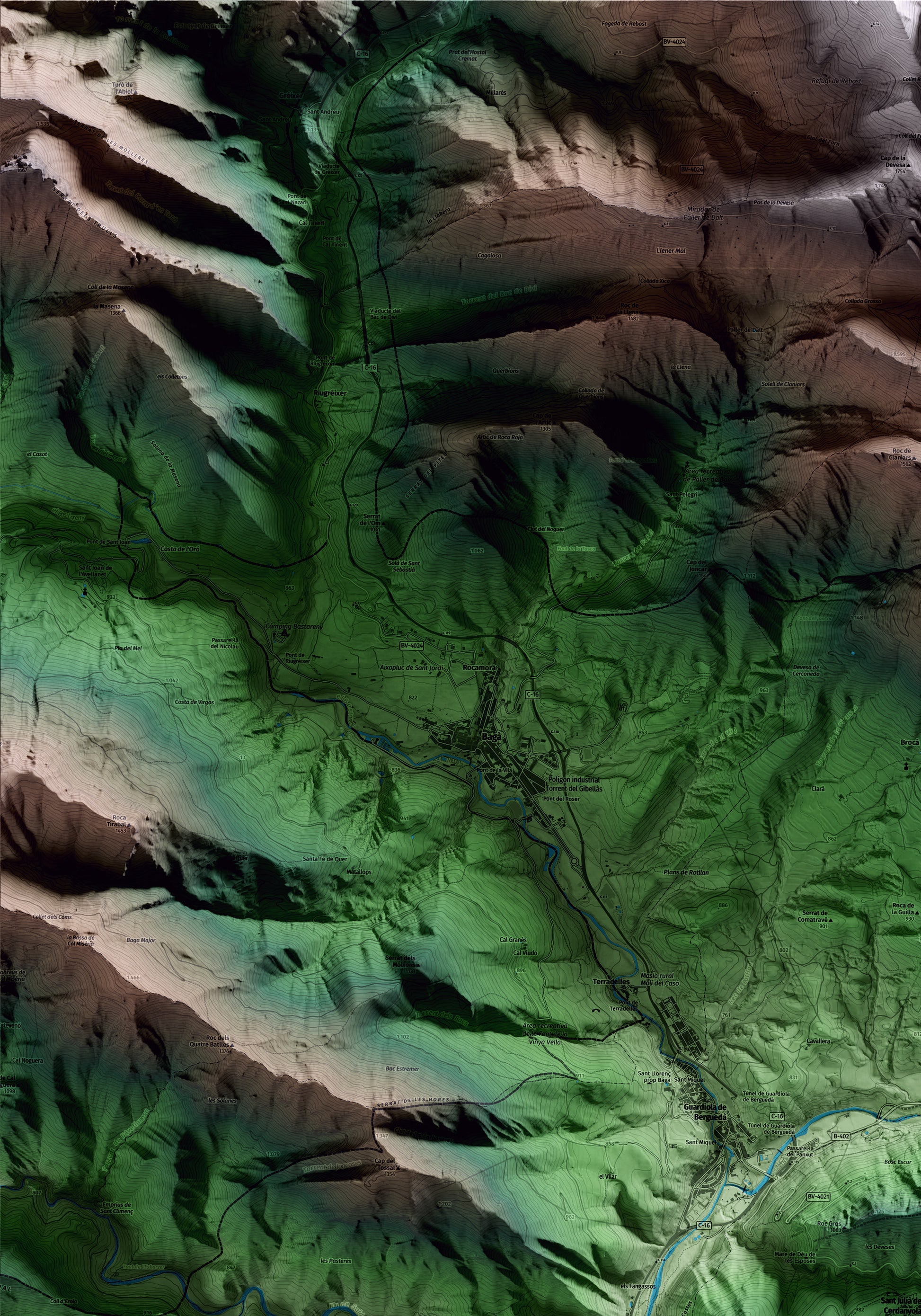 Mapa artístico del relieve de Sant Julià de Cerdanyola, al Berguedà, con 15 km de entorno y base topográfica ICGC. Detalle de la zona superior izquierda.