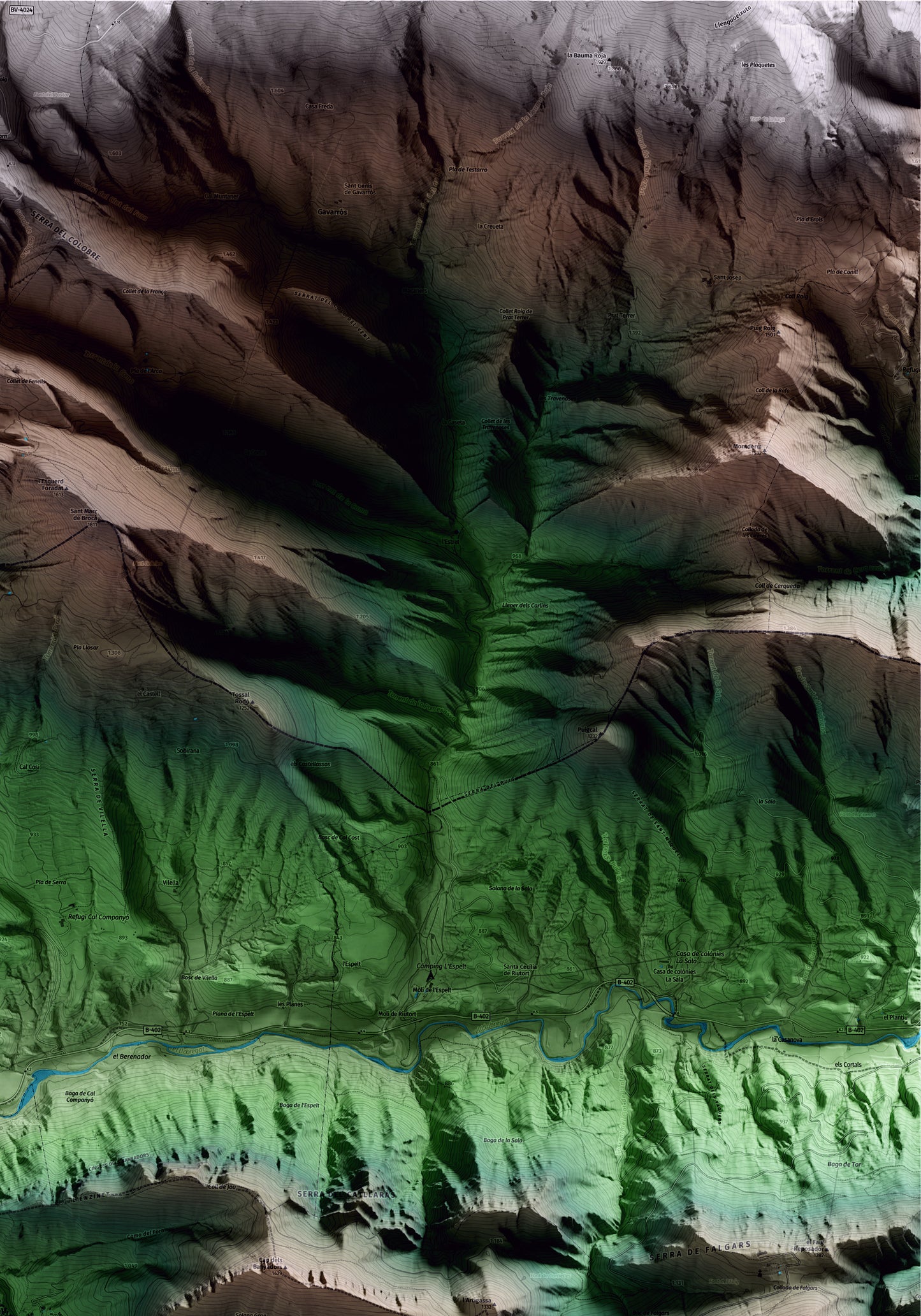 Mapa artístico del relieve de Sant Julià de Cerdanyola, al Berguedà, con 15 km de entorno y base topográfica ICGC. Detalle de la zona superior derecha.