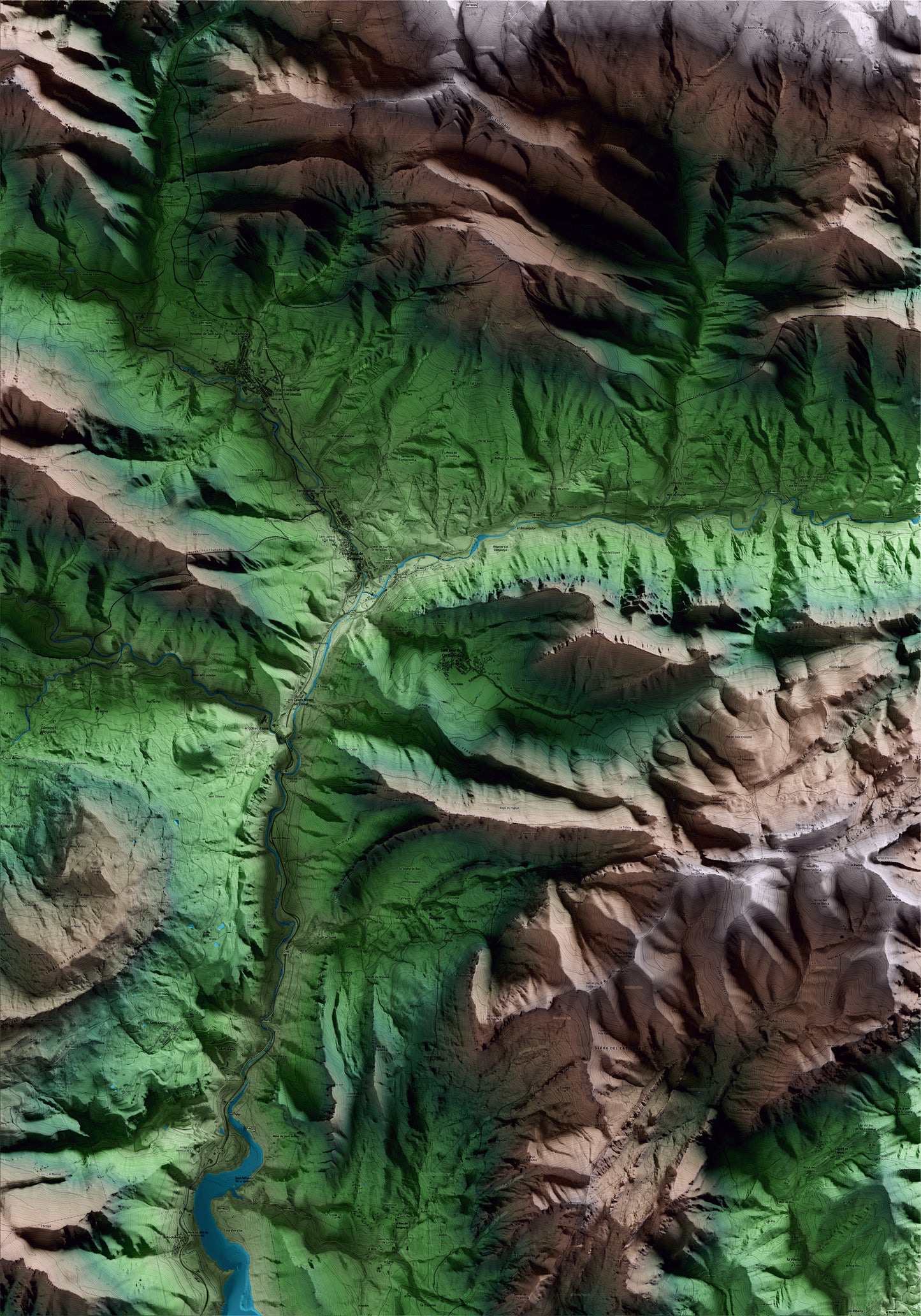 Mapa artístico del relieve de Sant Julià de Cerdanyola, al Berguedà, con 15 km de entorno y base topográfica ICGC