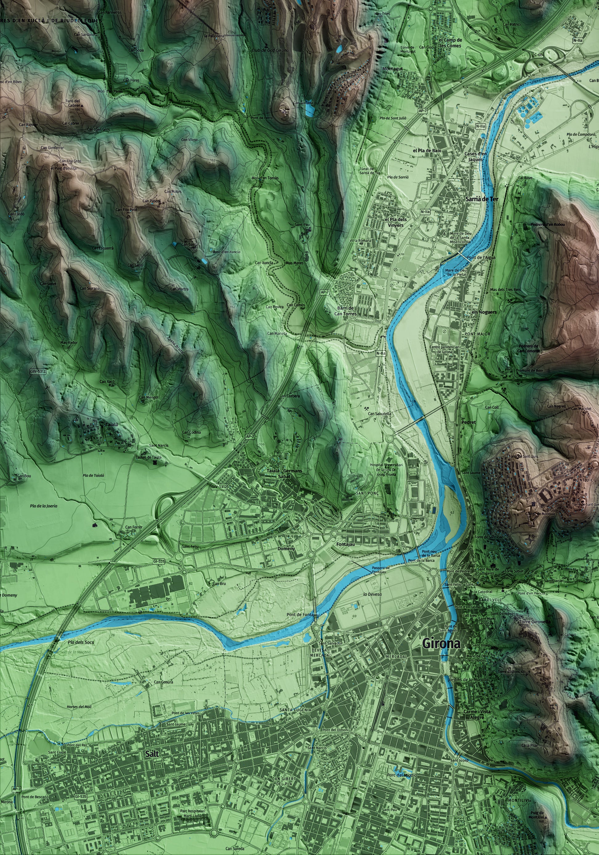 Mapa artístico del relieve de Sant Julià de Ramis, al Gironès, con 15 km de entorno y base topográfica ICGC. Detalle de la zona inferior izquierda.
