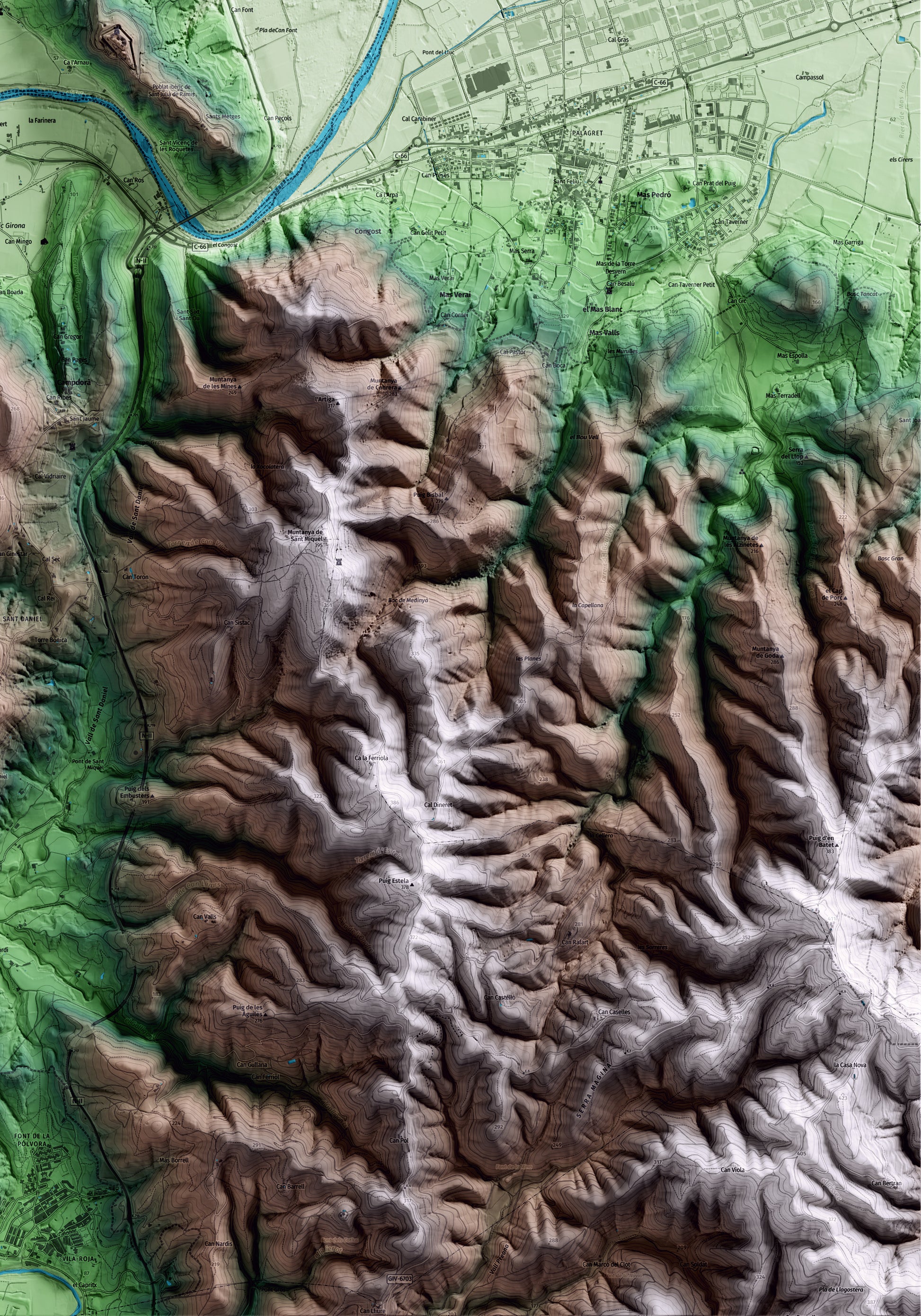 Mapa artístico del relieve de Sant Julià de Ramis, al Gironès, con 15 km de entorno y base topográfica ICGC. Detalle de la zona inferior derecha.
